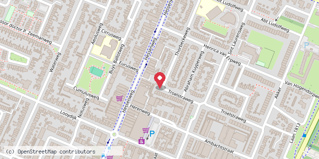 Een kaart met de locatie van Minibieb Thorbeckeweg 5
