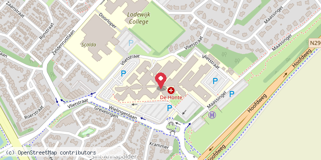 Een kaart met de locatie van Zorgzaam Ziekenhuis De Honte