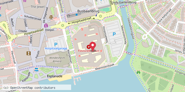 Een kaart met de locatie van Flevoziekenhuis